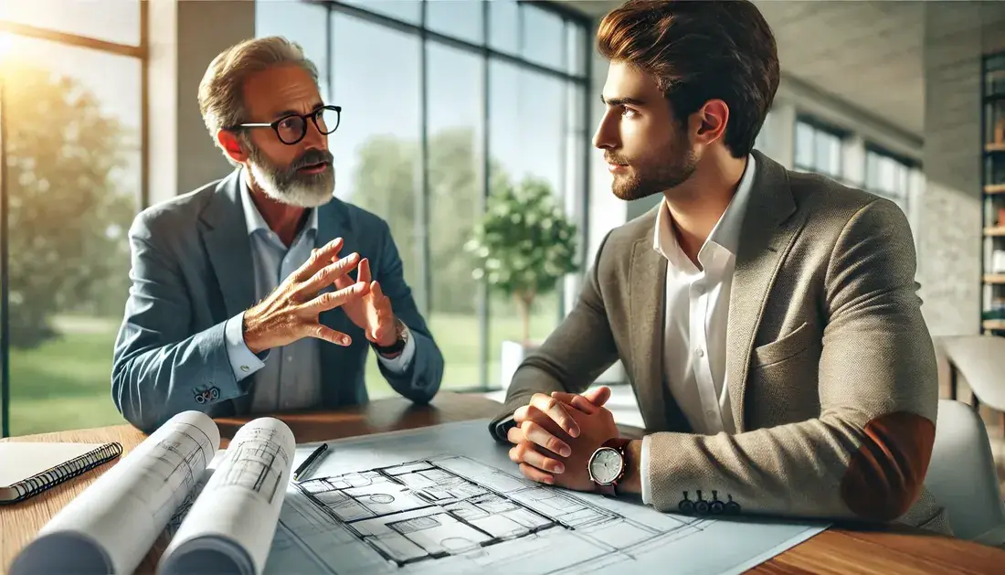 Un conseiller professionnel discutant avec un client dans un bureau lumineux, avec des plans et des documents sur la table.