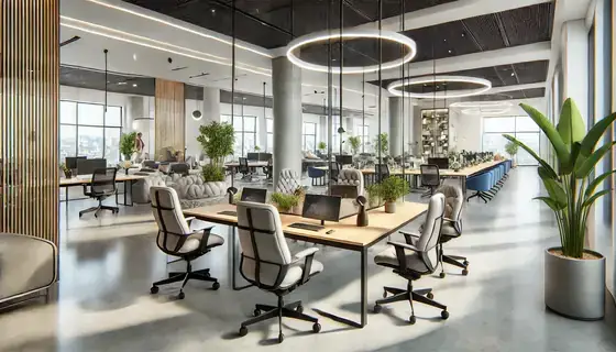 Bureau professionnel lumineux et ergonomique avec espaces collaboratifs et zones de détente.