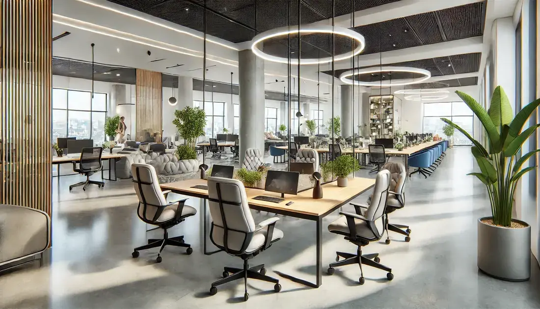Bureau professionnel lumineux et ergonomique avec espaces collaboratifs et zones de détente.