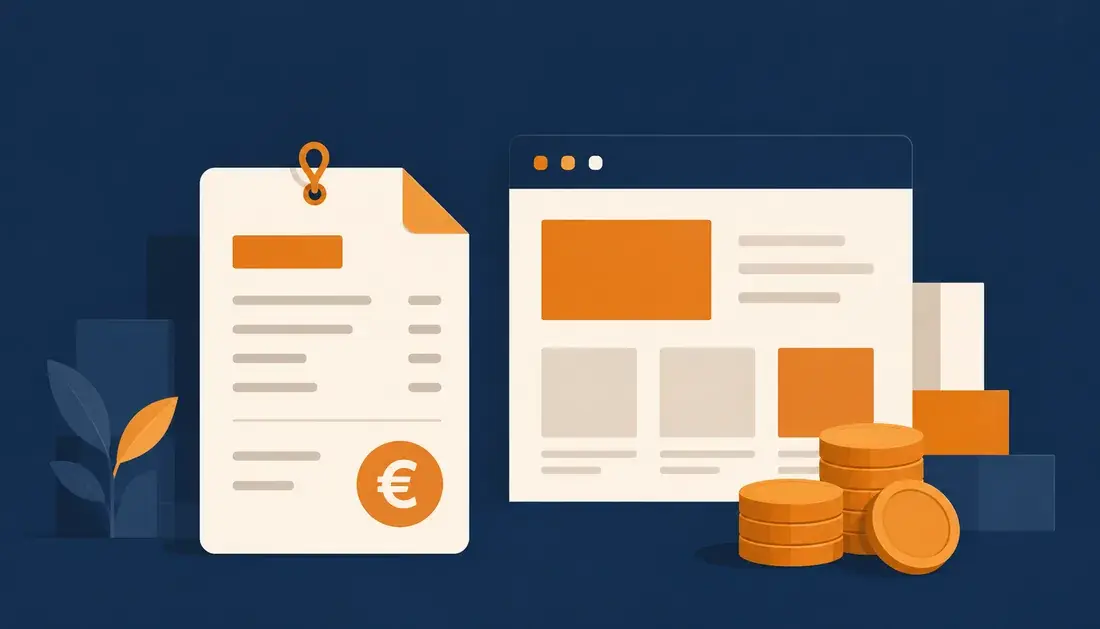 Illustration d'un devis avec symbole euro face à une maquette de site web et des pièces de monnaie — coût d'un site vitrine