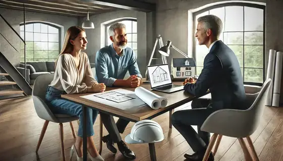Courtier en travaux comparant plusieurs devis d’artisans avec un client autour d’une table.