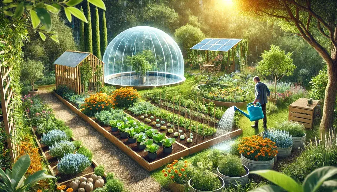 Jardin écologique luxuriant avec plantes locales et récupérateur d’eau.