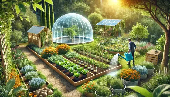 Jardin écologique luxuriant avec plantes locales et récupérateur d’eau.