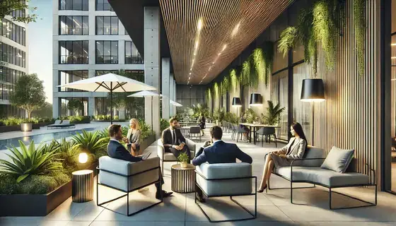 Terrasse professionnelle avec mobilier en bois, pergola et végétation pour accueillir clients et équipes.