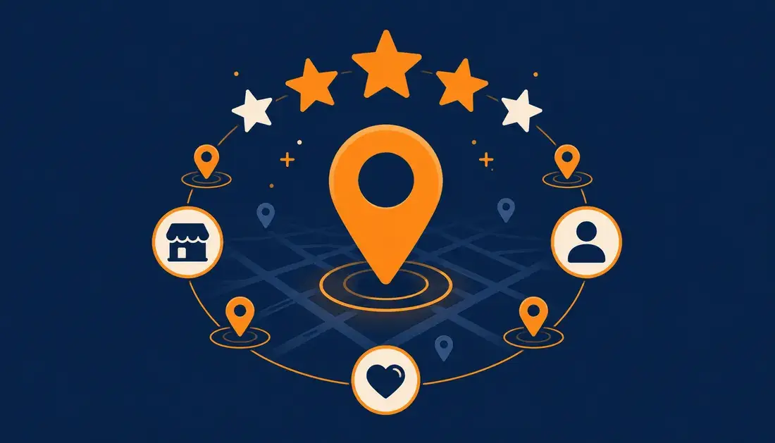 Épingle de carte locale entourée d'étoiles d'avis