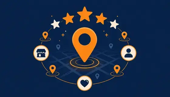 Épingle de carte locale entourée d'étoiles d'avis