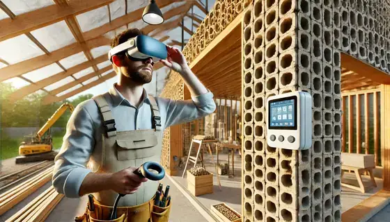Chantier de construction moderne mêlant outils connectés et matériaux durables.