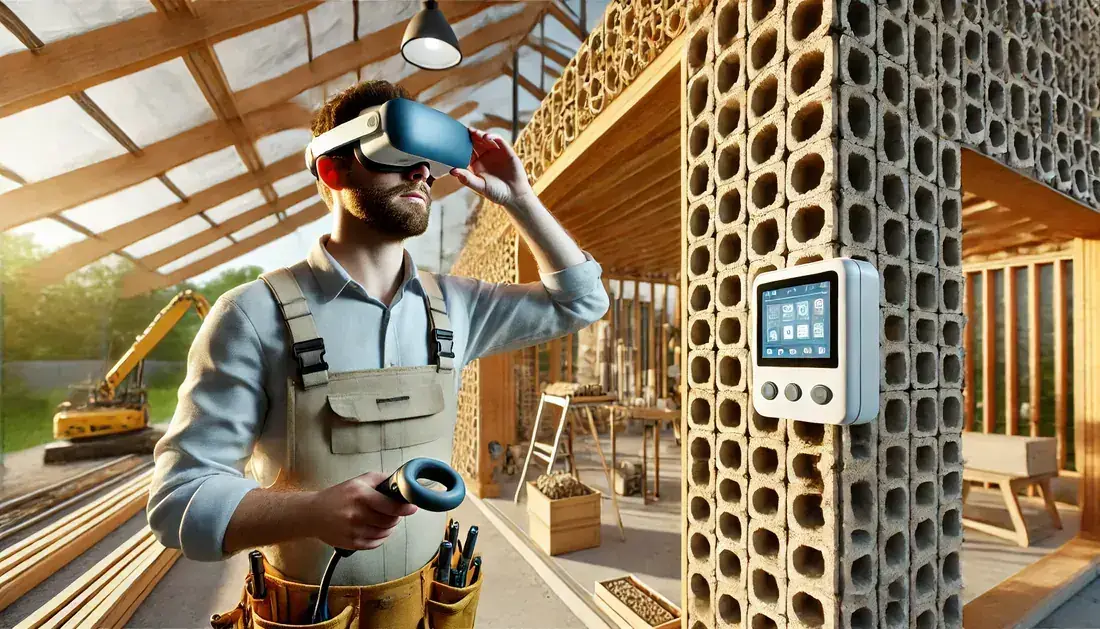 Chantier de construction moderne mêlant outils connectés et matériaux durables.