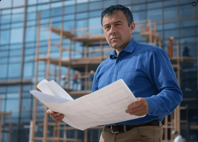 Maître d’œuvre supervisant un chantier, plans en main.