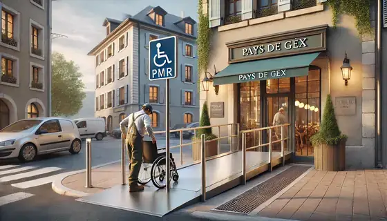 Rampe d’accès et signalétique d’un établissement recevant du public aux normes.