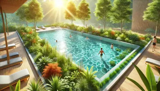 Piscine naturelle écologique intégrée dans un jardin paysager.