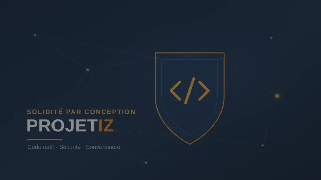 Bouclier formé du symbole du code, sur un réseau de points — la solidité par conception de PROJETIZ.