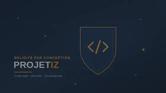 Bouclier formé du symbole du code, sur un réseau de points — la solidité par conception de PROJETIZ.