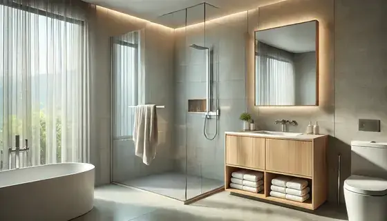 Salle de bain rénovée avec douche à l’italienne, carrelage clair et finitions soignées.