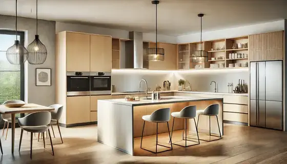 Cuisine moderne rénovée avec îlot central, plan de travail clair et électroménager intégré.