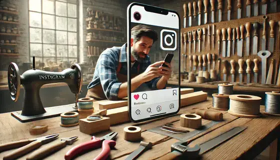Artisan publiant la photo d’un chantier sur les réseaux sociaux depuis son téléphone.