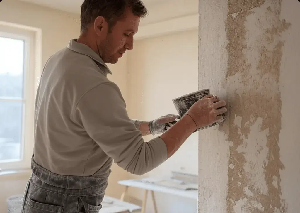 Plaquiste posant des plaques de plâtre sur une ossature métallique sur un chantier de rénovation.