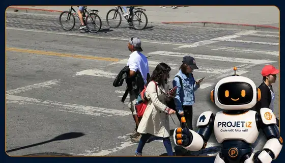 Passants consultant leur téléphone en traversant une rue, mascotte PROJETIZ au premier plan