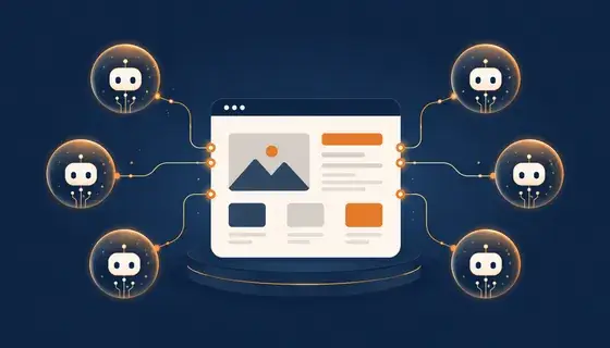 Illustration navy et orange : une page web centrale connectée à six assistants IA représentés par des robots dans des bulles