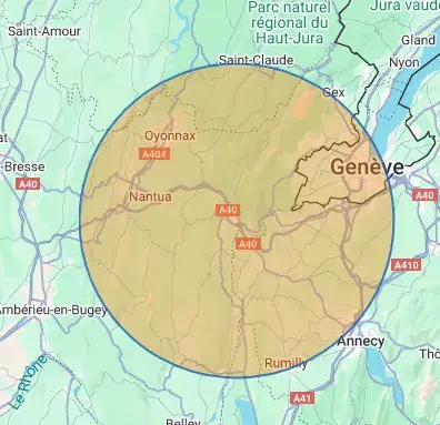 Carte de la zone d'intervention de PROJETIZ autour de Valserhône et du Pays de Gex.