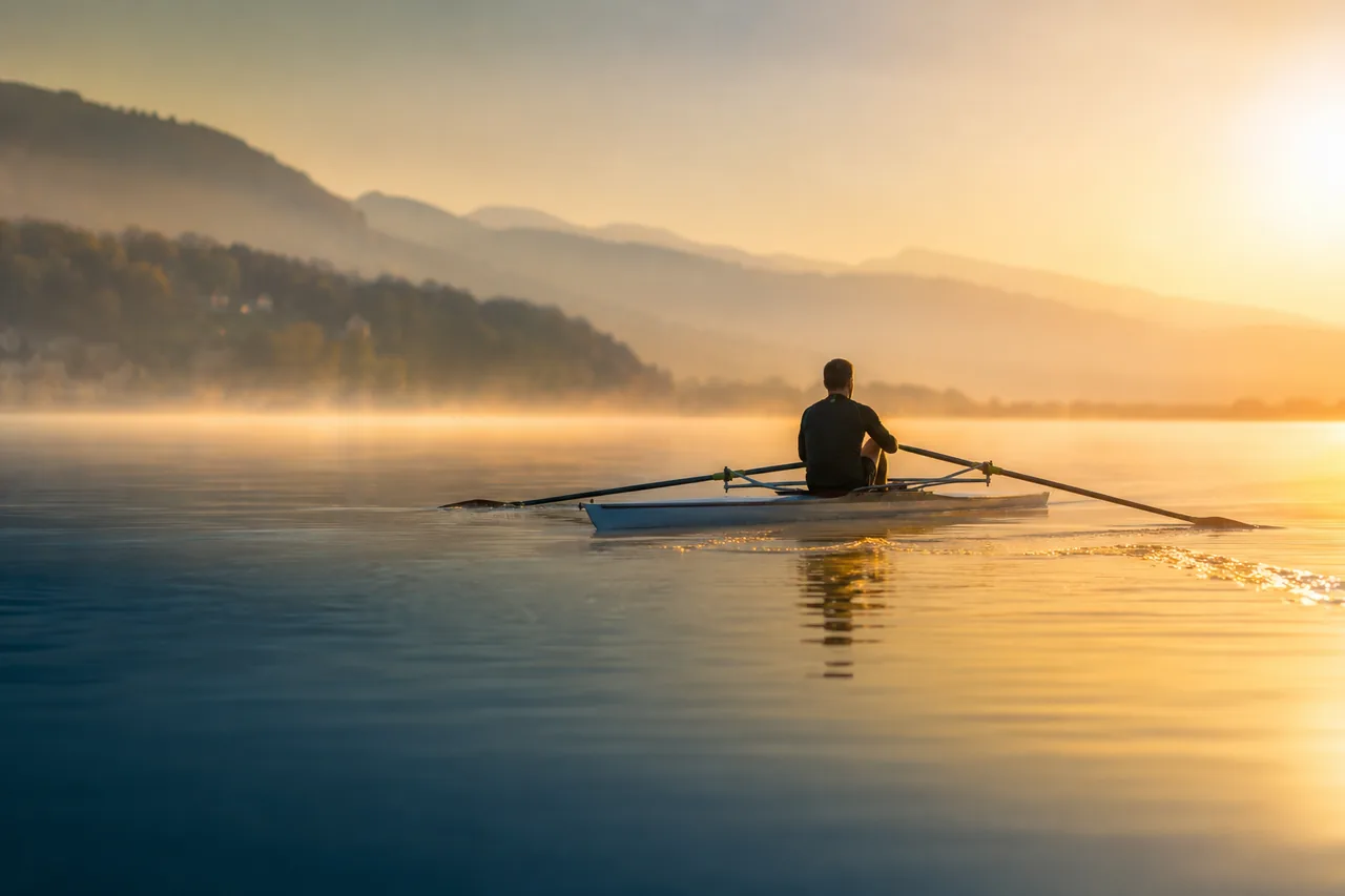 Un rameur en sortie loisir sur le lac au lever du jour