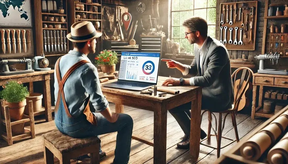 Consultant en marketing digital expliquant le référencement local à un artisan dans son atelier.