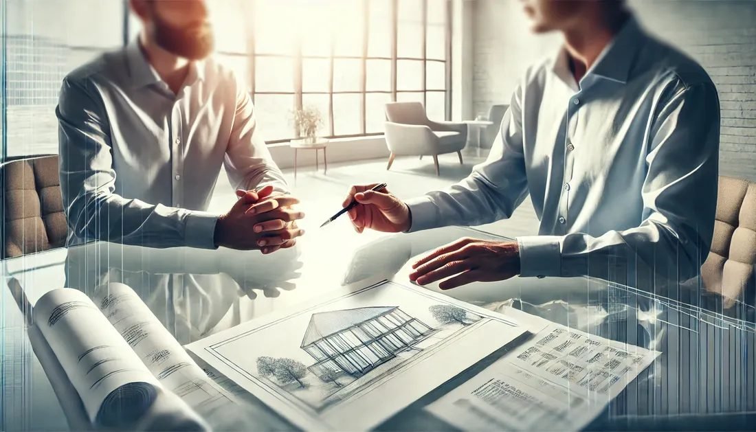 Un conseiller professionnel en chemise discutant avec un client dans un bureau lumineux, avec des plans et devis sans texte disposés sur une table en bois clair, symbolisant la confiance et l'accompagnement.