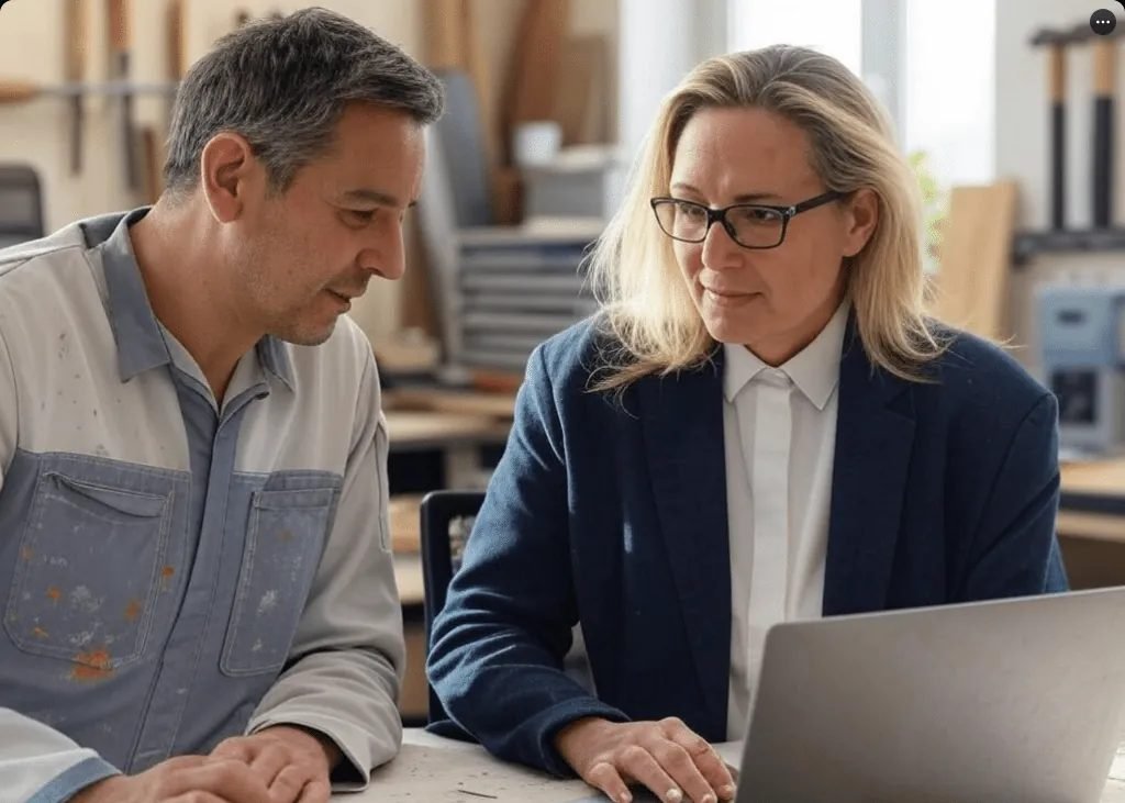 Consultant en stratégie digitale présentant un plan marketing à un artisan dans son atelier.