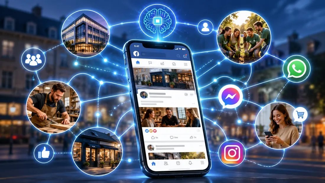 Un smartphone affichant Facebook au centre d'un réseau reliant artisans, commerces et associations locales.